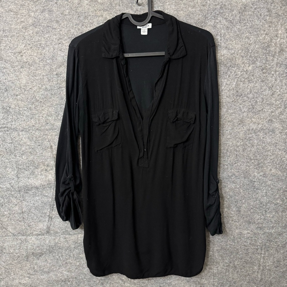 SPLENDID Long Sleeve Stretch V-Neck Tunic Black Top Rayon Collar Semi Sheer M